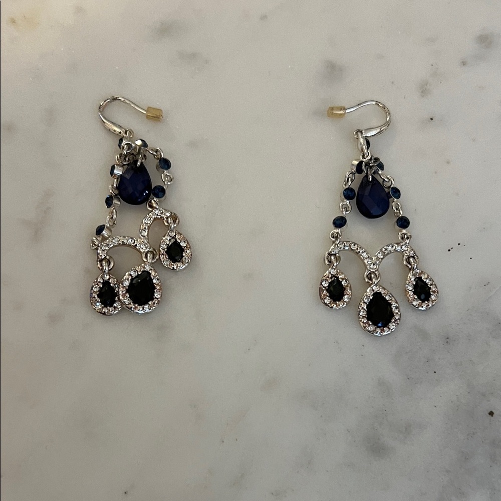 Elegant Silver-Tone Navy Blue Crystal Drop Earrings